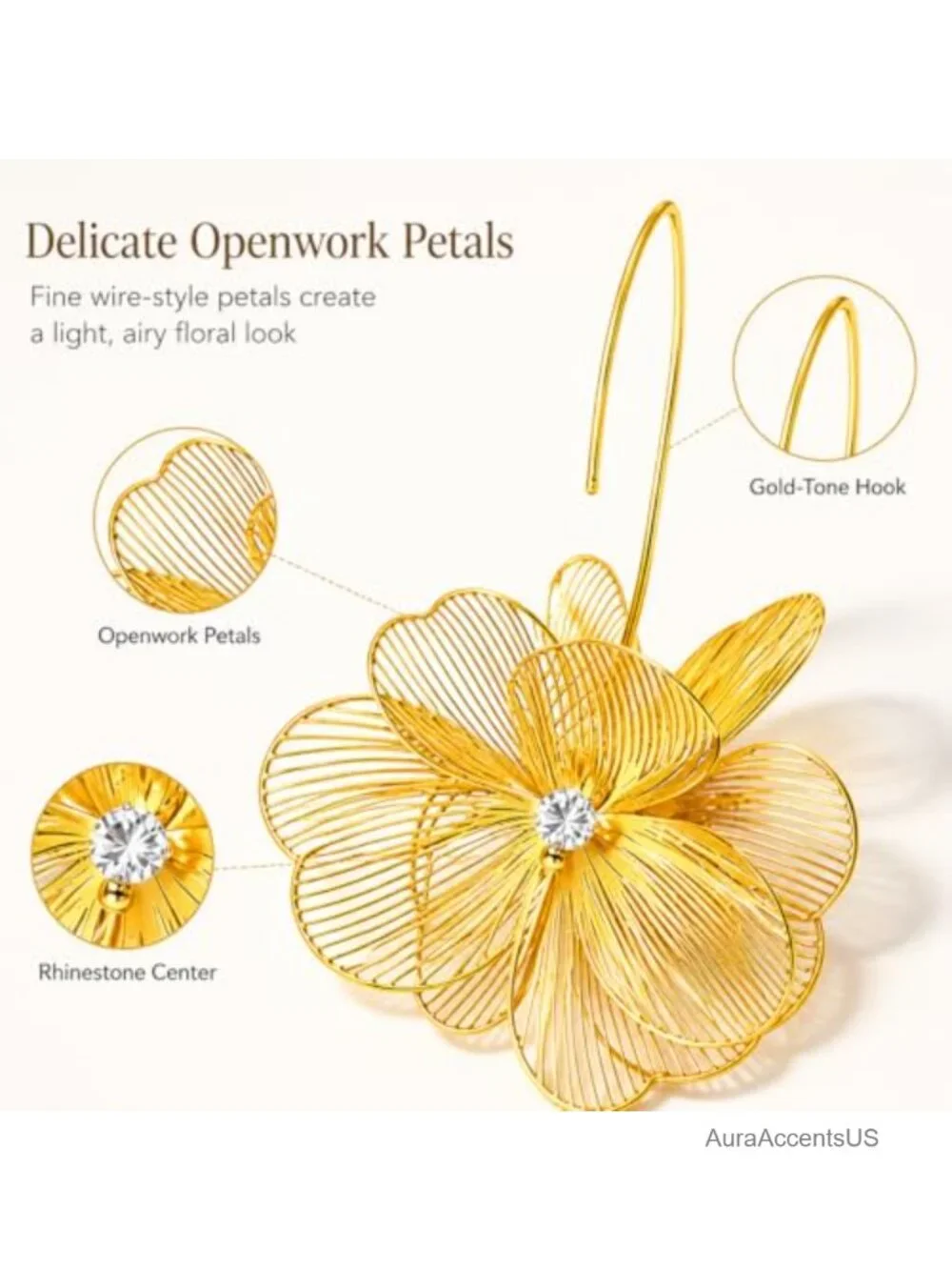Gold Flower Dangle Earrings Women Floral Statement Jewelry Lightweight